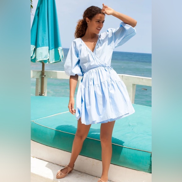 ELF Dresses & Skirts - ELF Handmade Cotton Wrap Tiered Mini Dress in Baby Blue